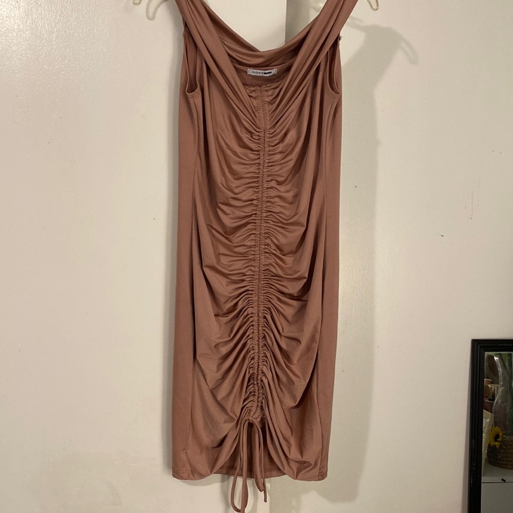 Ruched Stretch Off the shoulder Dress- Nude